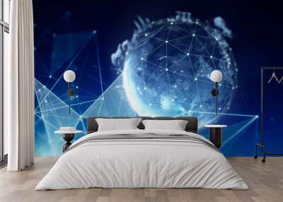 Abstract globe with connected dots wireless communication network on space . Global business concept . Wall mural