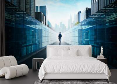 Ambitions concept with businessman walking from alley to modern city . Night scene . Wall mural