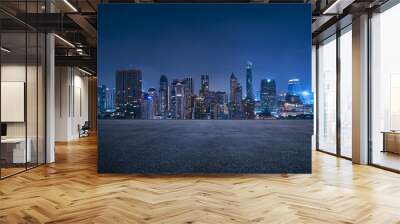 Bangkok urban cityscape skyline night scene with empty asphalt floor on front Wall mural