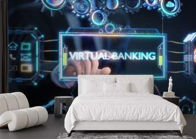 Businessman is choosing virtual banking on a futuristic touchscreen interface Wall mural