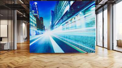 City street with binary code numbers on motion blurred asphalt  road , speed and faster digital matrix technology information concept . Wall mural