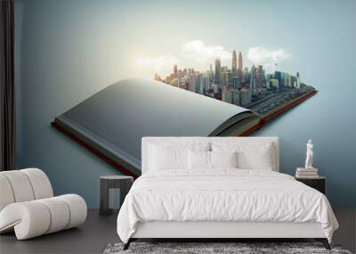 Early morning beautiful scene of modern city skyline pop up in the open book pages. Wall mural