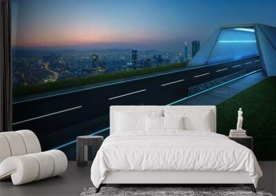 Empty asphalt road with tunnel ,greenfield and modern city skyline background . Mixed media . Wall mural