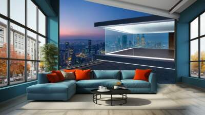 Empty glass wall balcony with city skyline view . Night scene .Mixed media . Wall mural