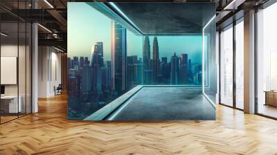 Empty loft contemporary interior office with blank virtual screens  and modern cityscape from glass window . Wall mural