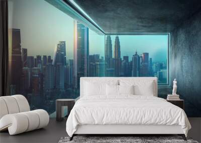 empty loft unfurnished contemporary interior office with city skyline and buildings city from glass  Wall mural