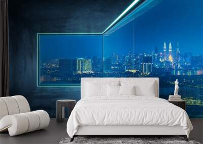 Empty loft unfurnished contemporary interior office with city skyline and buildings city from glass window . Wall mural