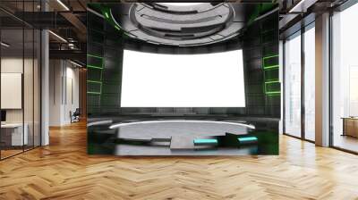 Futuristic and Sci-Fi design stage interior with neon light and blank  screen background . 3d illustration rendering . Wall mural