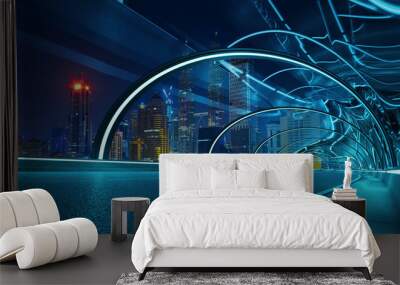 Futuristic neon light and glass facade design of tunnel flyover road with night cityscape background . Mixed media . Wall mural