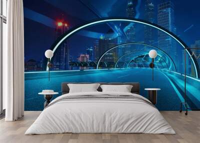 Futuristic neon light and glass facade design of tunnel flyover road with night cityscape background . Mixed media . Wall mural