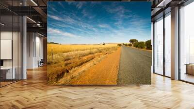 Golden wheat field, road through, blue sky Wall mural