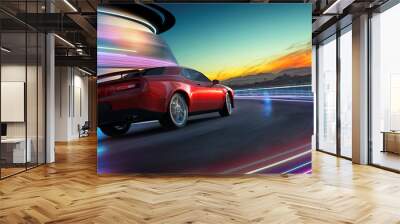 HIgh speed generic red sports car driving in the city Wall mural