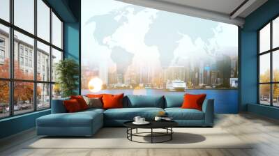 Hong Kong city skyline business center with global map visual concept background . Wall mural