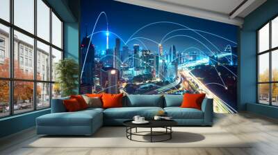 Modern cityscape and network connection concept . Wall mural