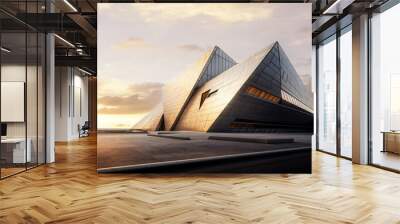 Modern metallic building shining under sunset sky Wall mural