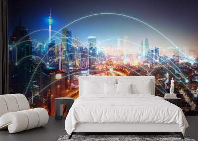 network connection concept with modern city skyline and futuristic city skyscraper image double expo Wall mural