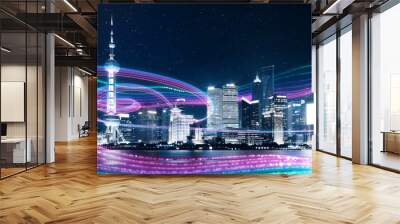 Night city with abstract gradient blue and red glowing light trail surround the city ,Smart city big data connection technology concept . Wall mural