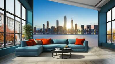 Panoramic view of empty concrete tiles floor with city skyline. Wall mural