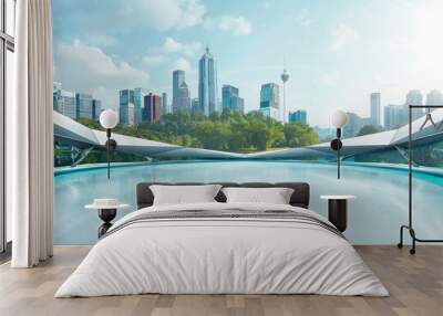 Panoramic view of futuristic geometric shapes design empty floor with morden city skyline . Morning scene . Wall mural