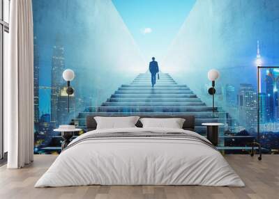 rear view of a businessman climbing stairs to get to a large city center. concept of success and app Wall mural