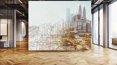 Sketch and real mix urban cityscape scene , development and real estate business concept , mixed media . Wall mural