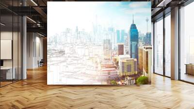 Sketch and real mix urban cityscape scene , development and real estate business concept , mixed media . Wall mural