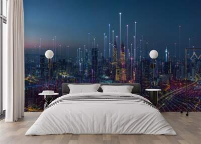 Smart city and abstract dot point connect with gradient line and aesthetic Intricate wave line design , big data connection technology concept . Wall mural