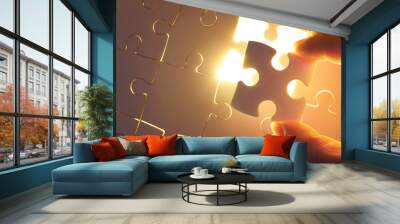 Young businessman trying to put back missing jigsaw puzzle piece with light golden glow effect . Business strategy concept . Wall mural