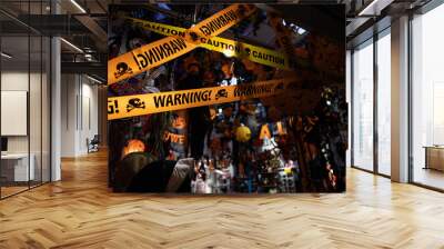 Orange Halloween decorations - with Warning / Caution tape Wall mural