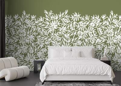 Vector green and white herb rosemary horizontal border repeat pattern with sketched leaves texture. Perfect for fabric and invitation cards. Wall mural