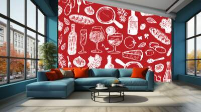 Vector monochrome red bar italia sketch illustration seamless pattern with bottles, wine glasses, bread, tomatoes and cheese. Perfect for fabric, restaurant menu and wallpaper projects. Wall mural