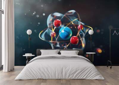 A 3D rendering of an atom, showcasing its structure with electrons, protons, and neutrons, floating in space with a dark background. Wall mural