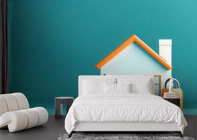 A colorful house model with a key and padlock on a blue background, symbolizing security and homeownership. Wall mural