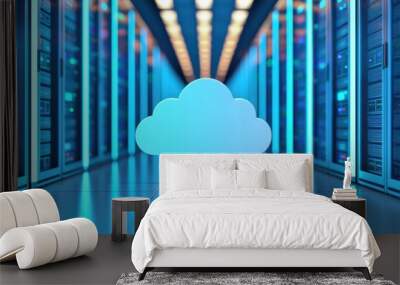 A modern data center illuminated with blue lights and a cloud symbol, representing cloud computing and digital storage. Wall mural