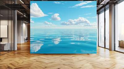 A serene landscape of calm water reflecting fluffy clouds under a bright blue sky, perfect for relaxation and nature themes. Wall mural