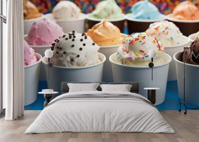 A variety of ice cream flavors in white paper cups Wall mural