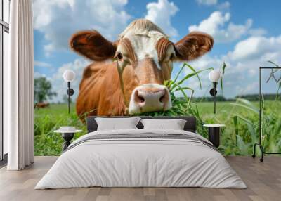 Close-up of a cow eating fresh green grass in a sunny field under a blue sky with clouds, representing agriculture and rural lifestyle. Wall mural