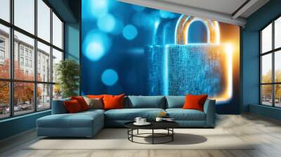 Close-up of a glowing digital padlock symbolizing security and protection in the modern digital world. Wall mural