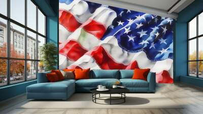 Close-up of a vibrant American flag, showcasing detailed stars and stripes, perfect for patriotic themes and national occasions. Wall mural