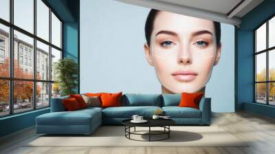 Close-up of a woman's face with facial mapping lines, showcasing beauty, technology, and skincare innovations. Wall mural