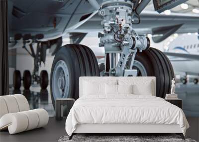 Close-up of an aircraft wheel and landing gear, showcasing engineering details and design precision in aviation machinery. Wall mural