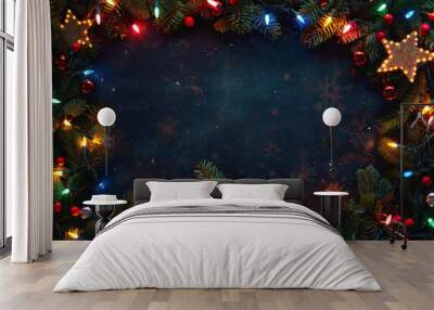 Colorful Christmas decorations with lights and stars on a dark background. Wall mural