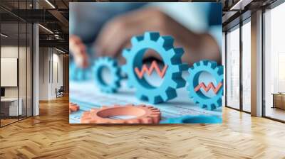 Colorful gears and graphs symbolize business growth and strategy in a modern workspace, reflecting innovation and progress. Wall mural