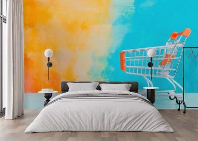 Colorful shopping cart against an abstract background, representing retail, purchase, and e-commerce concepts. Wall mural