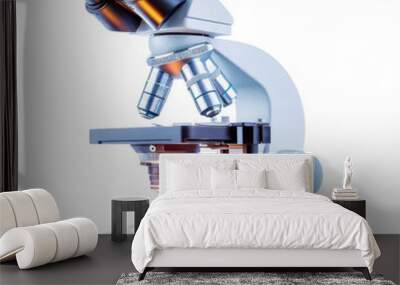 Detailed view of a modern laboratory microscope, perfect for scientific research, education, and medical applications. Wall mural