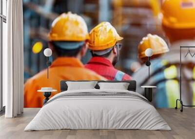 Group of industrial workers wearing safety helmets and reflective clothing at a construction site during the day. Wall mural