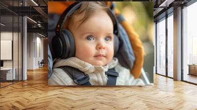 Baby in large headphones listening to music while in a stroller. Wall mural