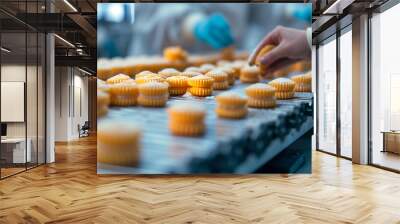 Closeup of food conveyor belt inside a large food manufacturing facility. Worker inspecting random pieces. Wall mural