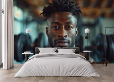 Closeup portrait of handsome black fitness male model inside a workout area in his gym. Wall mural