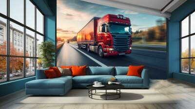 fast moving freight liner truck on a highway. motion blurred background. Wall mural